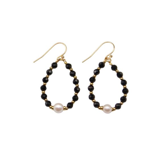 Sparkly Black Spinel Gemstone Hoops with Center Pearls and Gold Accent Beads - Picture 2 of 7